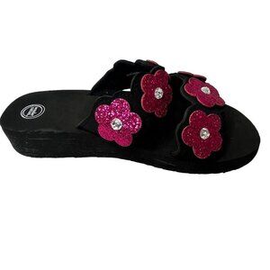Wonder nation little kids size 1-2 black‎ flip flops sandals pink flowers